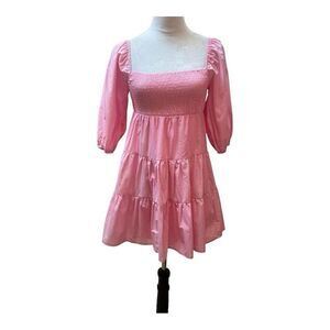 HYFVE  Pastel Pink Smocked Square Neck Tiered Puff Sleeve Dress  Sz S